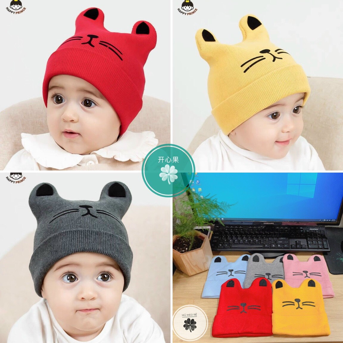 Mũ len mặt mèo/ Mũ len hình milk cho bé từ 3 tháng tới 2 tuổi