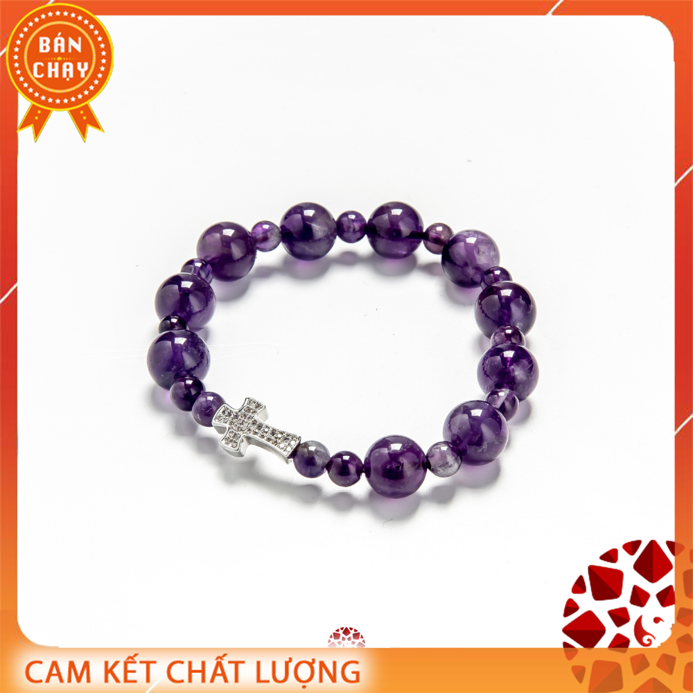 Vòng chuỗi mân côi thạch anh tím 10mm mix thánh giá ame01