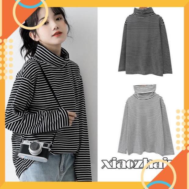 Áo thun dài tay kẻ sọc cổ lọ Unisex nam nữ, áo sweater chất thun xẹt freesize