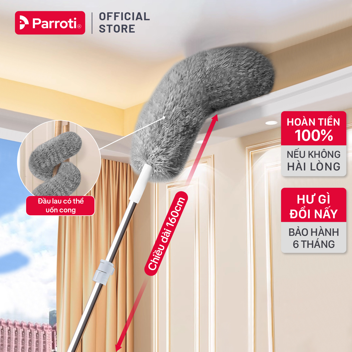 Chổi Phủi Bụi Trần Nhà, Cây Phủi Bụi Đa Năng Cán Nhôm Tăng Giảm Độ Dài Parroti Sky - SK02