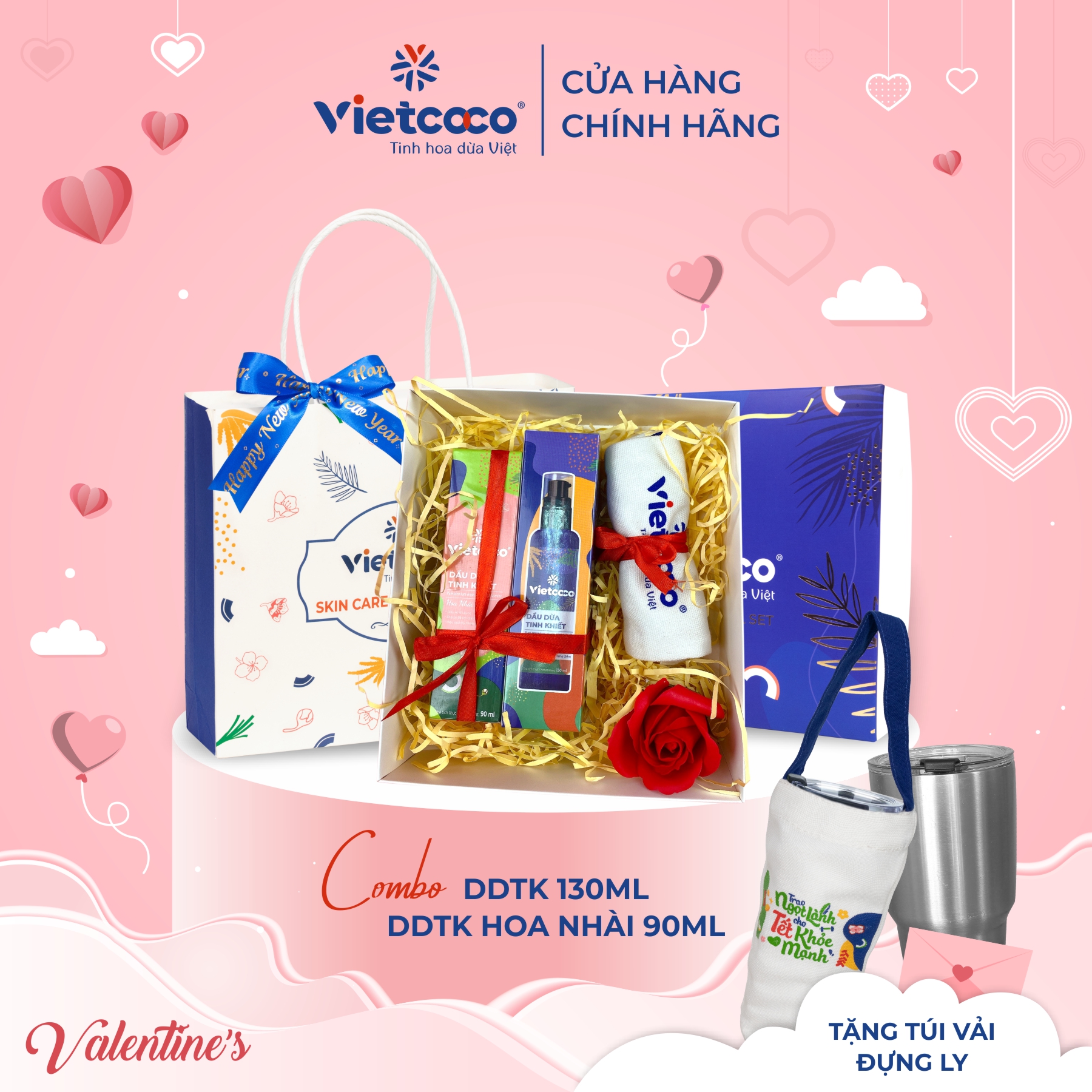 Hộp combo dầu dừa tinh khiết Vietcoco 130ml + Hoa nhài 90ml (tặng kèm túi vải đựng bình nước}