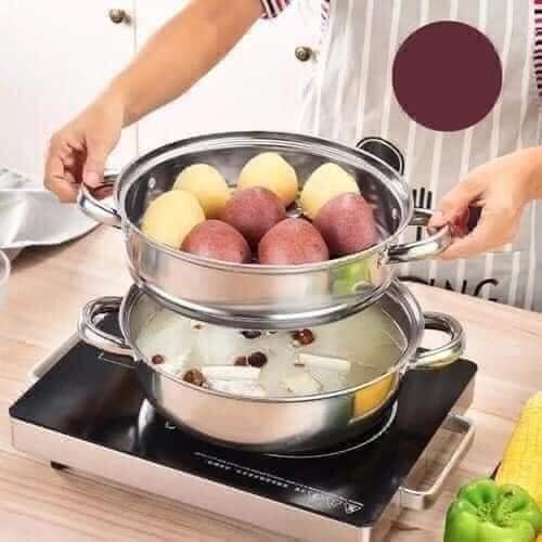 Nồi Hấp Xửng 2 Tầng Inox  304 ,Mặt Kính Cao Cấp Có Lỗ Thông Khí Chống Bám Hơi Nước Lên Nắp Xửng-Đồ Dùng Nhà Bếp & Phòng Ăn – Nồi Nấu Đa Năng Chưng Hấp Thực Phẩm Chất Liệu Inox Dày Dặn.