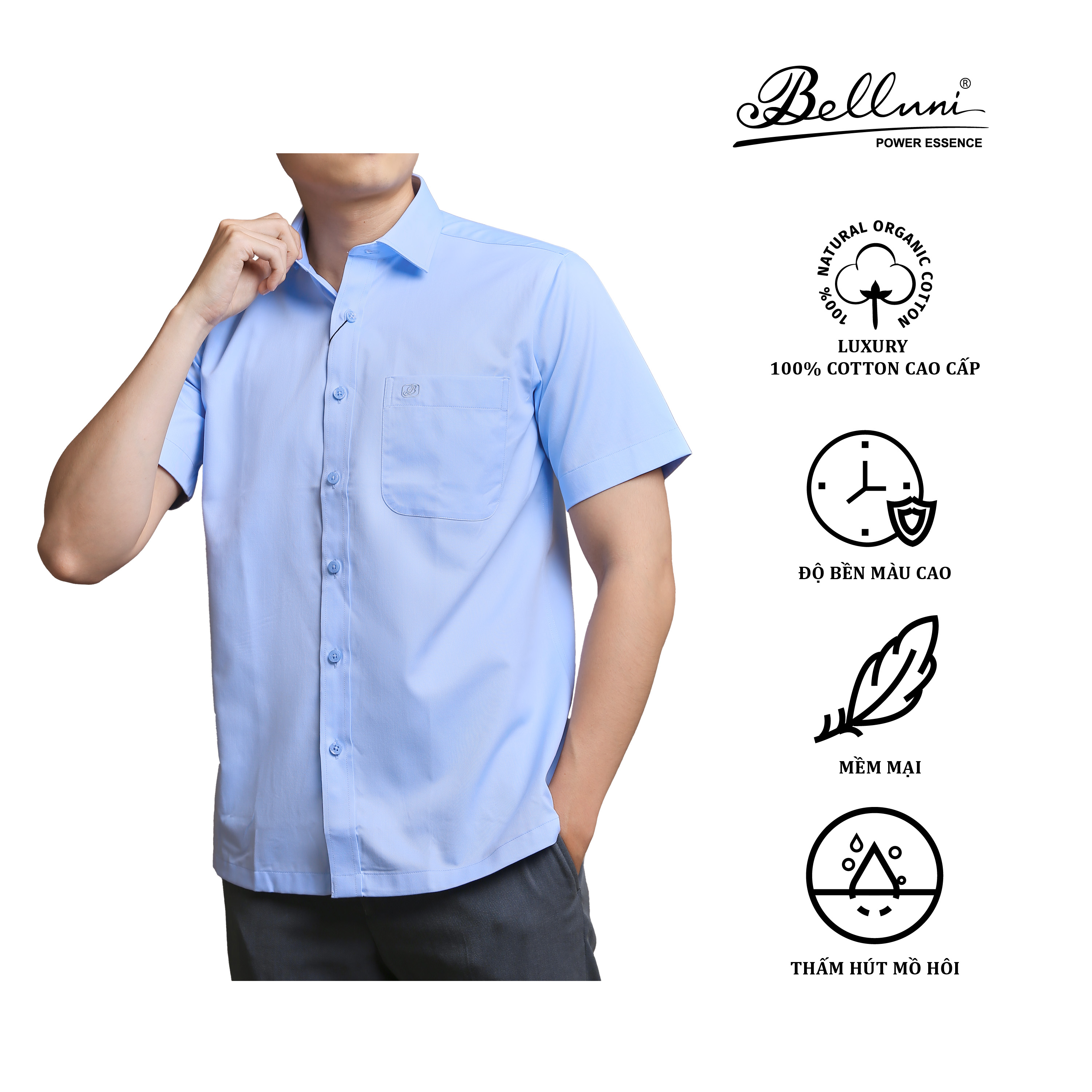 Áo sơ mi nam ngắn tay cao cấp belluni chất vải tencel- anl.pcmt.be.6.b