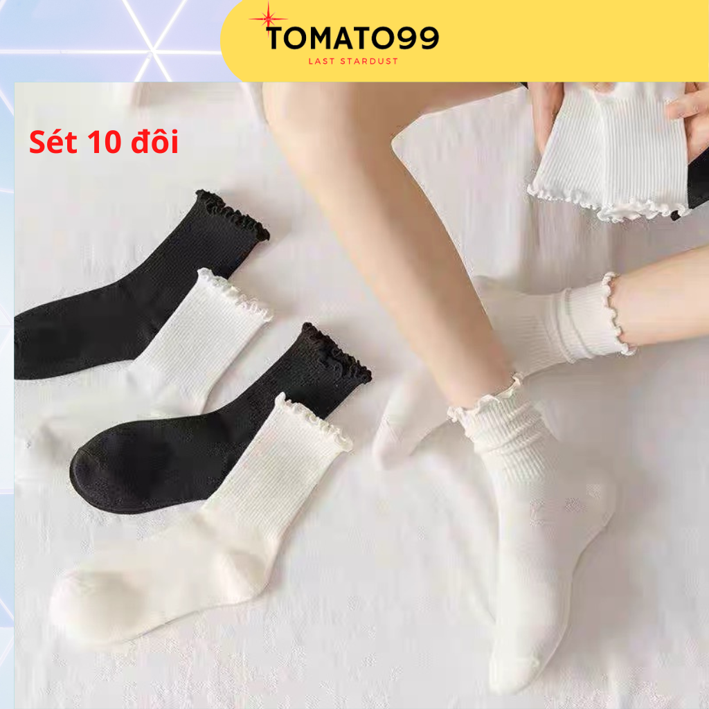 Tất nữ cổ cao 99% cotton bánh bèo lolita 3 màu đen trắng kem T126