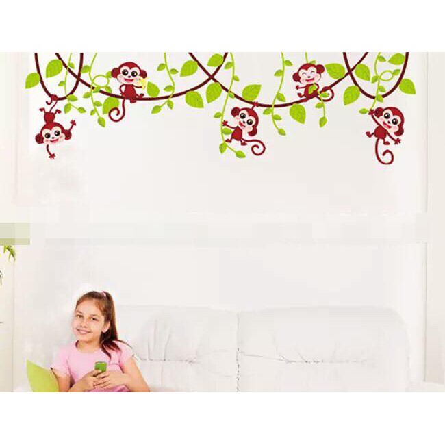 Decal dán tường 5 chú khỉ tranh dán tường 3D 5 chú khỉ leo cây - đàn khỉ ngộ nghĩnh