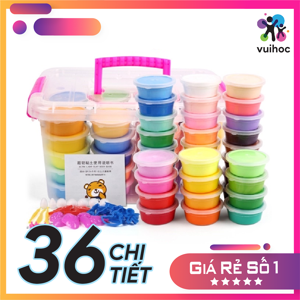 Hộp đất nặn 36 màu kèm hộp đựng kèm khuôn chất liệu tự nhiên an toàn cho bé - Vui học