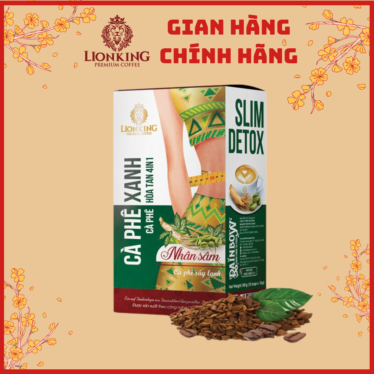 Cà Phê Xanh Nhân Sâm Hòa Tan 4IN1 LIONKING - Hộp 180gr (10 gói * 18gr)