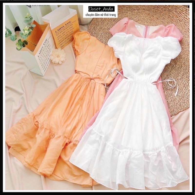 Đầm maxi đi biển tay bồng 2 lớp vitage ẢNH THẬT váy nữ dáng dài ngắn tay cổ V thắt dây eo