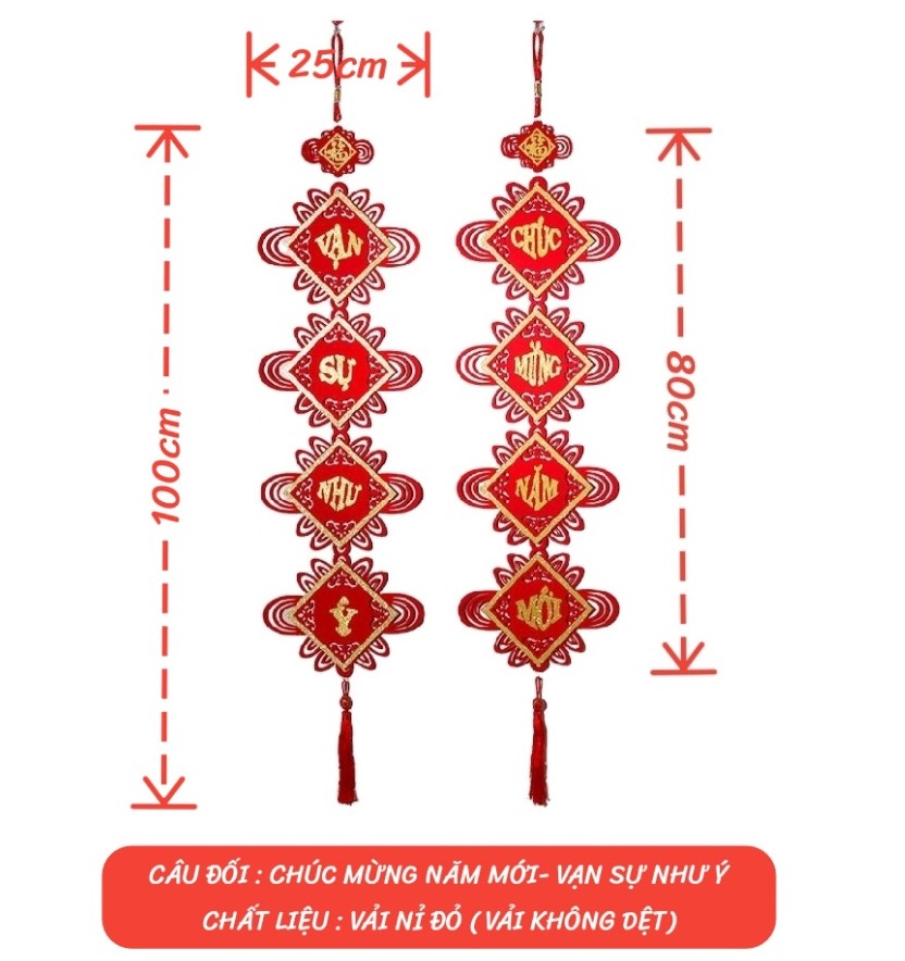 Bộ 2 khánh liễn chúc mừng năm mới và vạn sự như ý, treo trang trí năm mới 2024, bằng vải nỉ đỏ