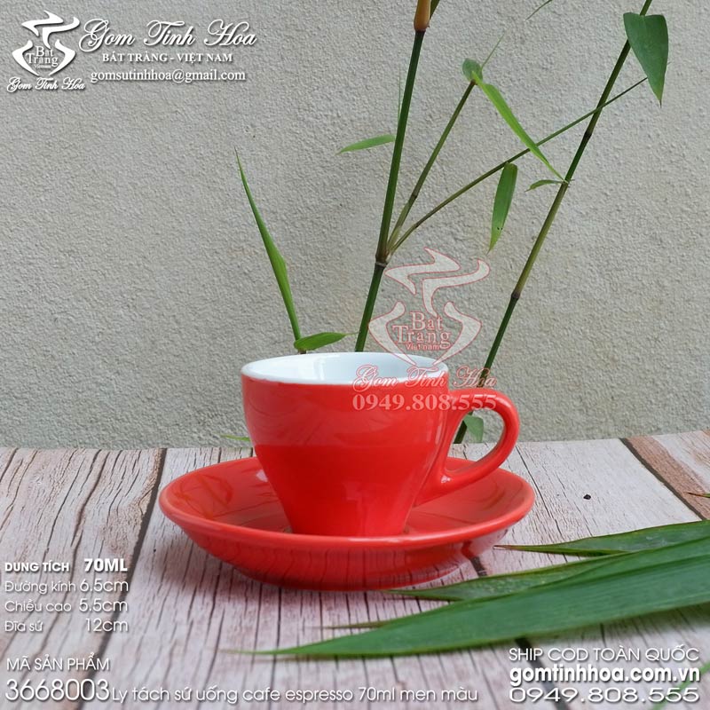 Ly tách cafe espresso 70ml gốm sứ Bát Tràng men màu đỏ