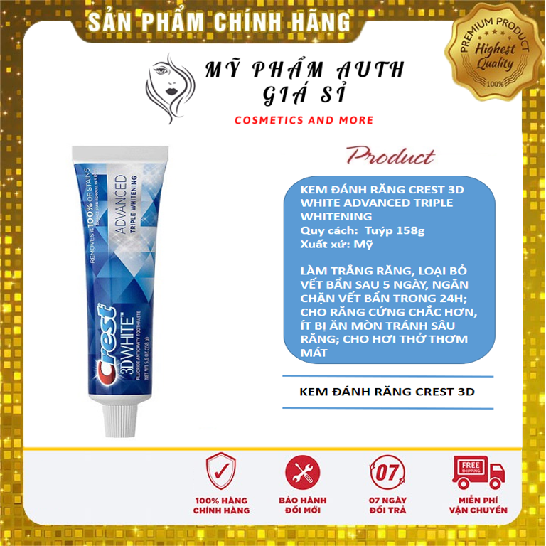 Kem Đánh Răng Crest 3D White Advanced Triple Whitening 158g
