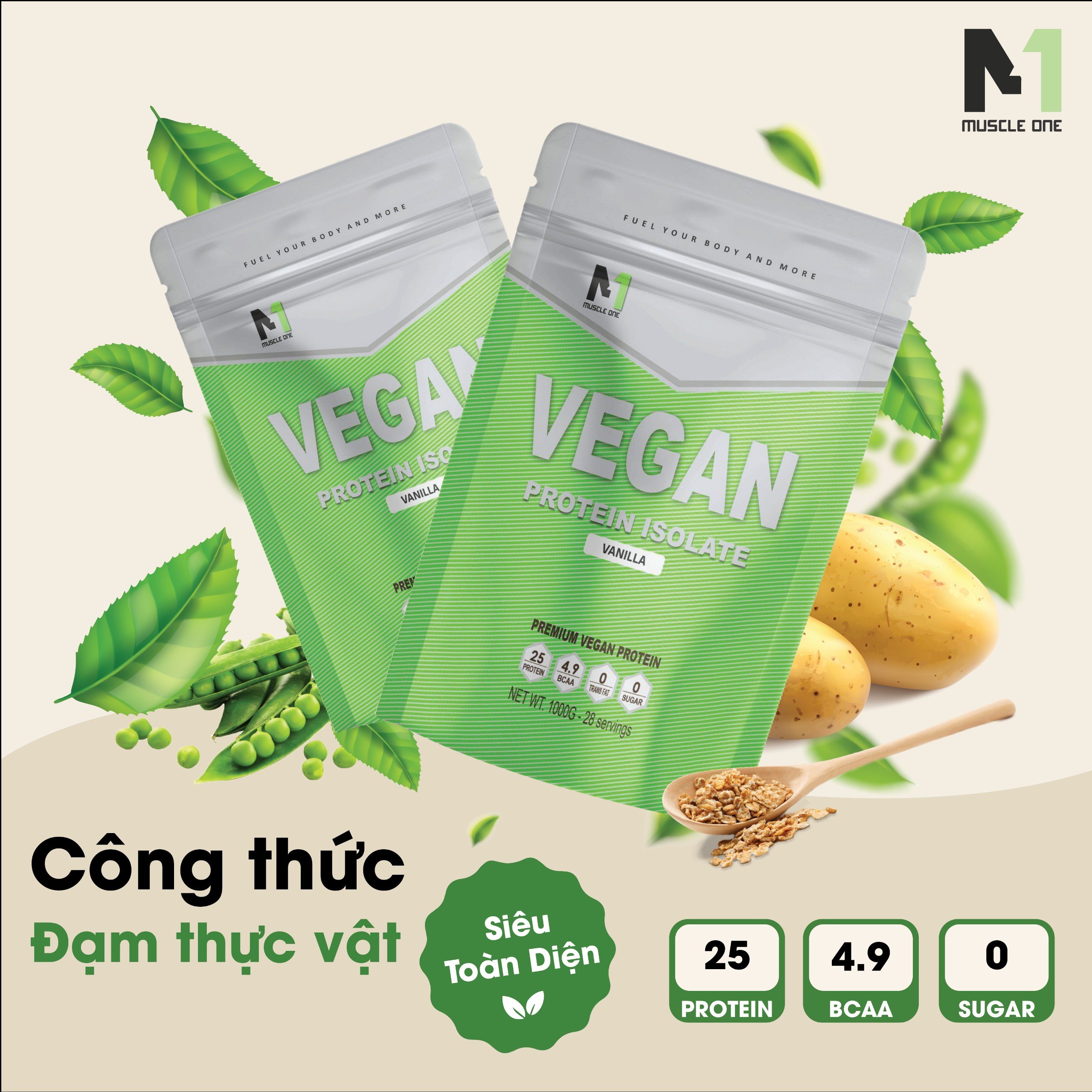 Whey Vegan Protein Isolate - Sữa Thực Vật Tăng cơ Muscle One Túi 1kg - Chính Hãng (Freeship)