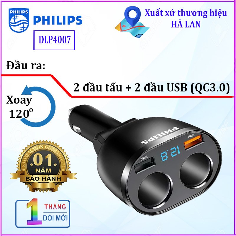 Bộ chia tẩu sạc ô tô cao cấp philips dlp4007b/93- sạc nhanh qc3.0, kết hợp đầu ra usb1 + usb2 - bh 12 tháng