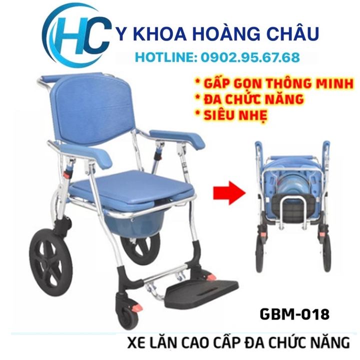 Xe lăn y tế nhôm cao cấp đa chức năng, gấp gọn thông minh gia bảo minh gbm-018 | xe lăn tắm có bô, ghế tắm