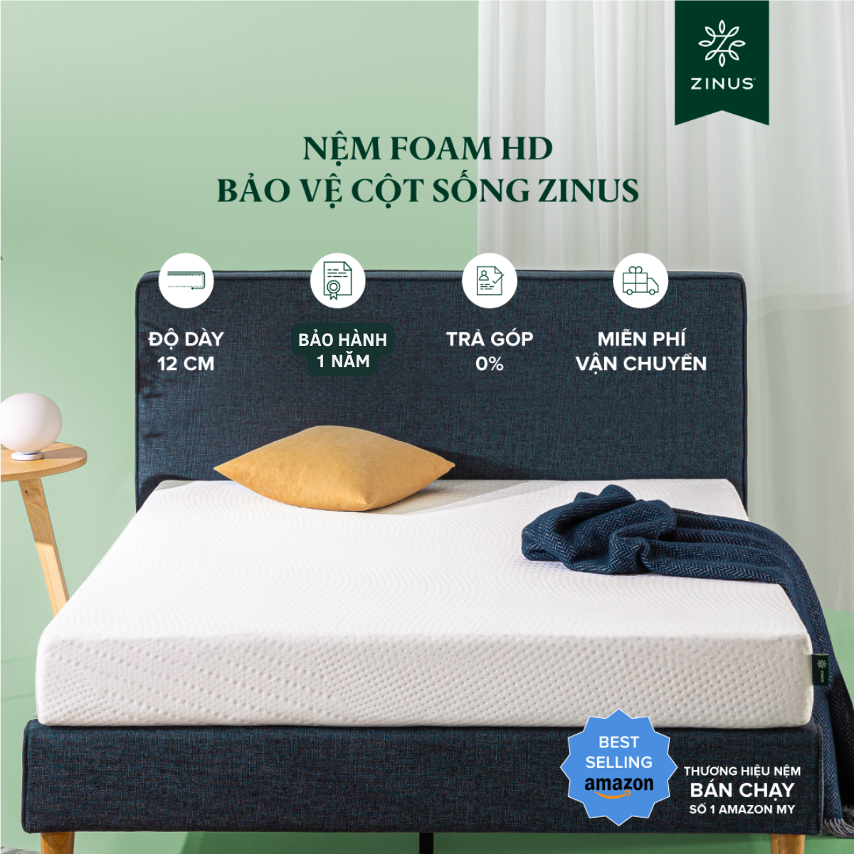[TRẢ GÓP 0%] Nệm Cao su Non HD Bảo Vệ Cột Sống Dày 12cm Zinus - 5in Foam Mattress Extra