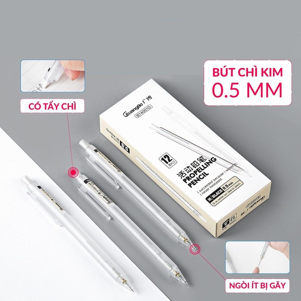 Bút chì kim bấm guangbo 14001d 0.5mm , bút chì bấm 2b có tẩy - loki
