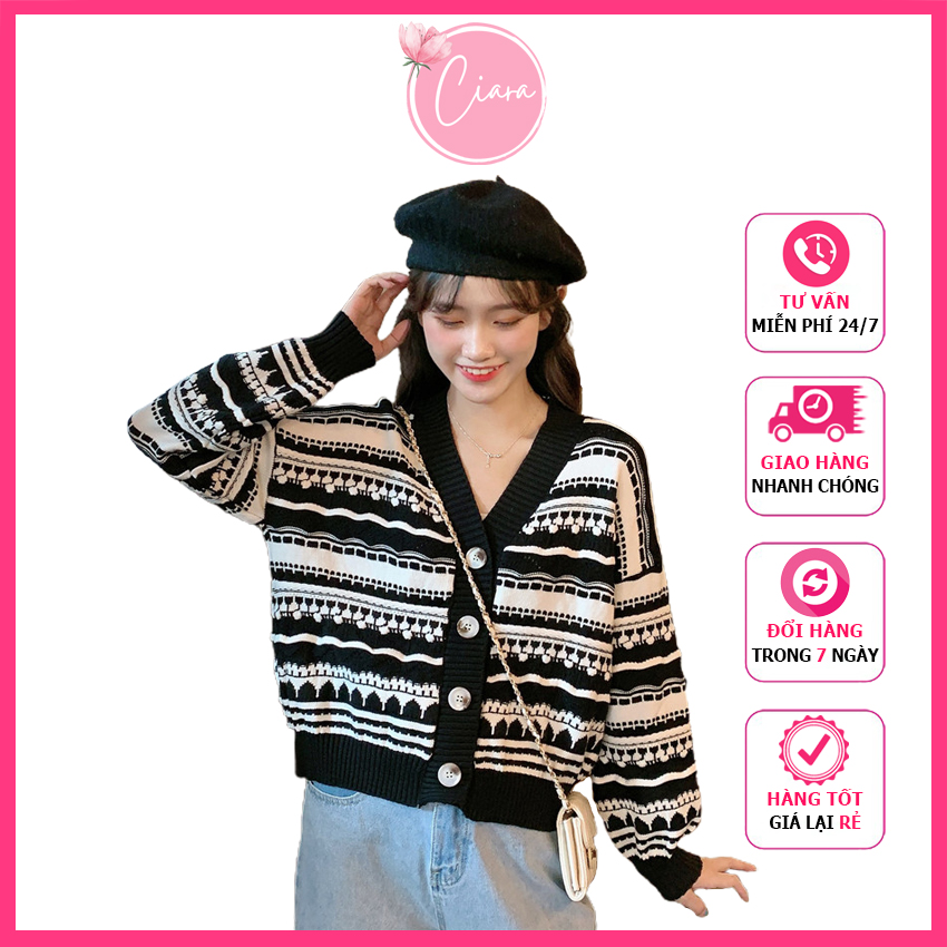 Freeship Áo khoác len cardigan nữ hàn quốc tay dài cổ chữ V hoạ tiết Ciara Shop TB41, cadigan len hai màu đơn giản thích hợp trời thu đông