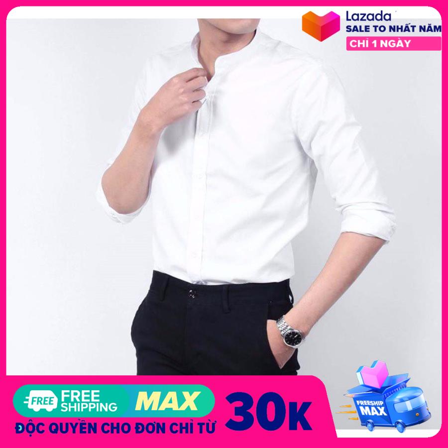 Áo sơ mi cổ tàu dài tay trắng đen áo sơ mi nam vải thái thoải mái áo sơ mi cổ trụ co giãn nhẹ chuẩn dáng- thời trang Evolpo