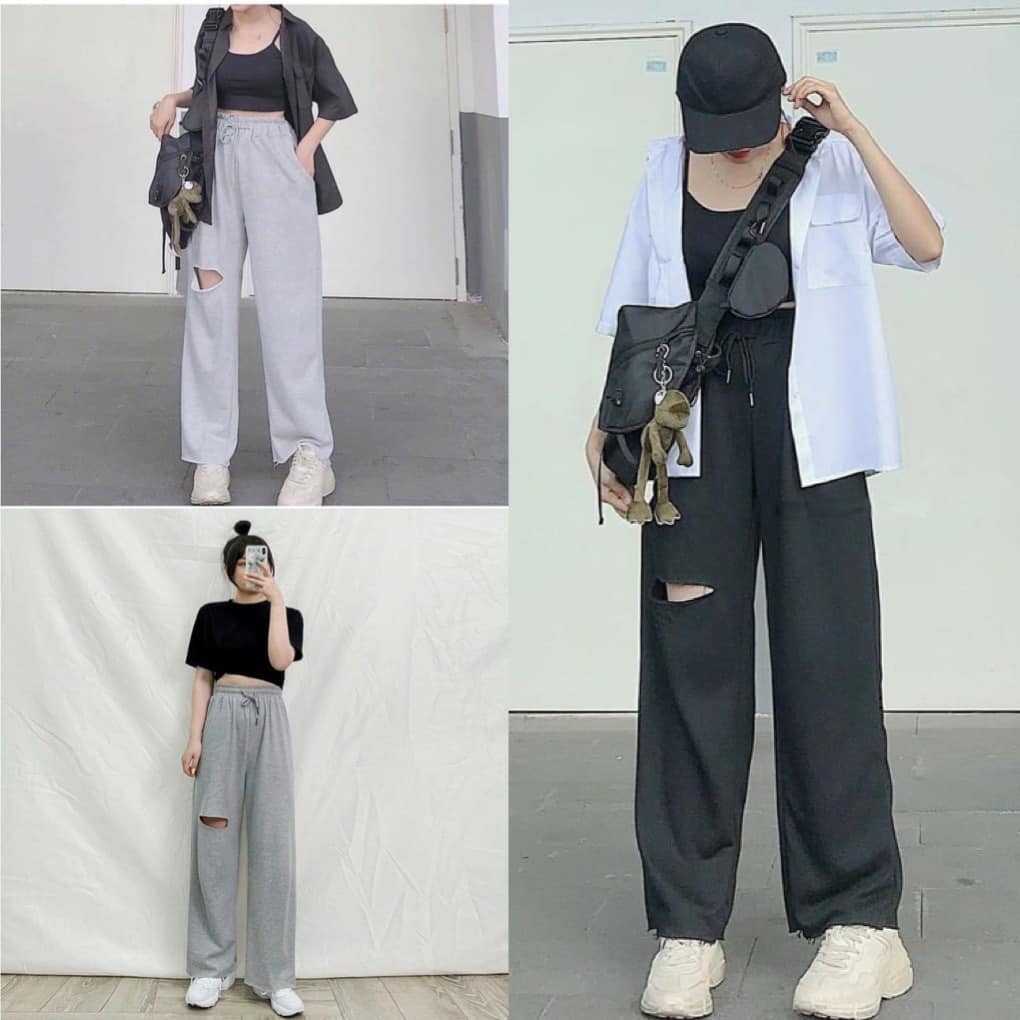 Quần nỉ ống rộng rách gối, quần nỉ ống rộng unisex, quần nỉ ống suông hàn quốc, PHUONGMART, Quần nữ, quần nỉ nữ, quần nỉ nữ from rộng, quần nỉ xám, quần nỉ đen, quần ống rộng nữ, quần ống suông