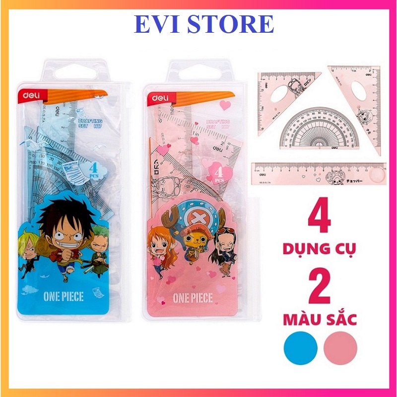 Bộ 4 dụng cụ eke học sinh One Piece Deli H17 / Bộ thước Eke Deli 17