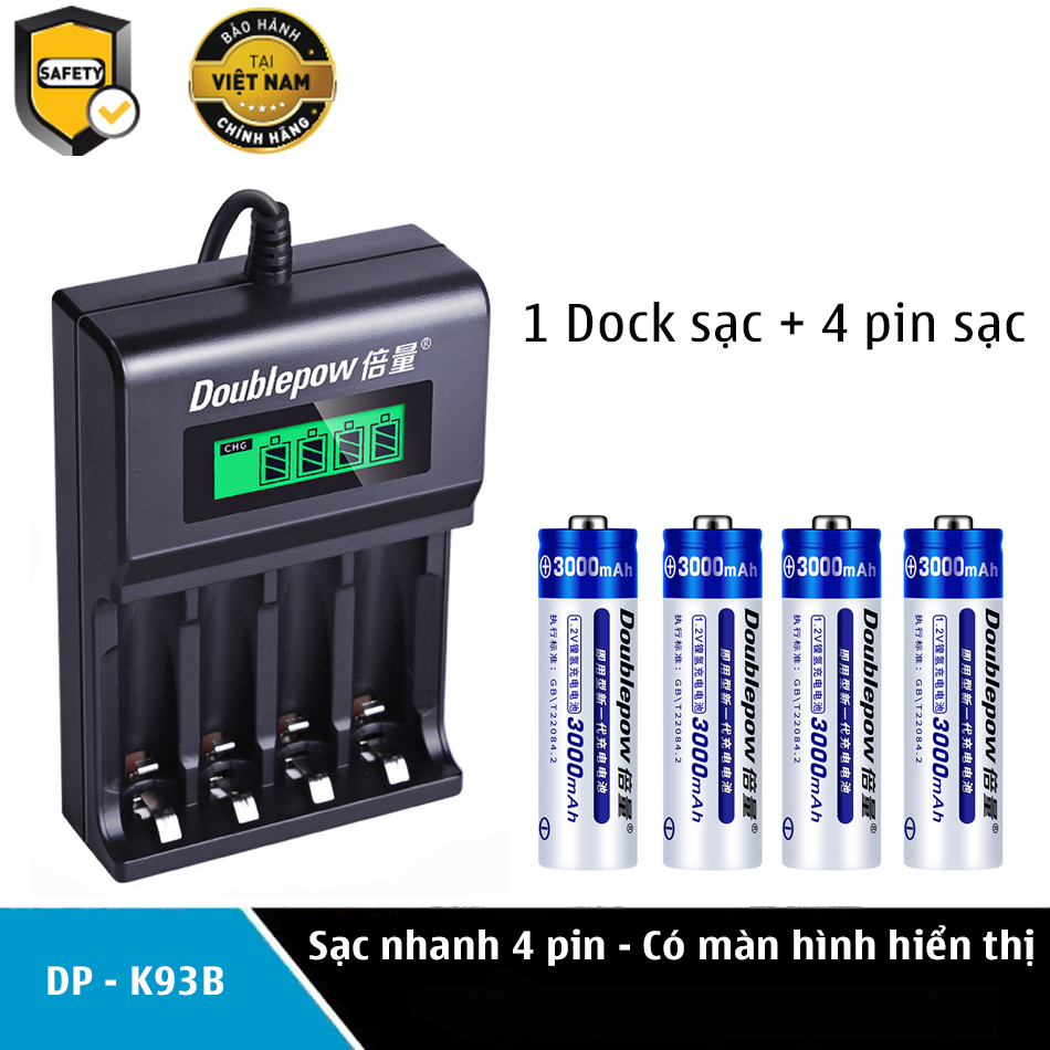 Bộ sạc pin AA tự ngắt, Combo bộ sạc UK95 + 4 pin 1200mAh Doublepow cao cấp, Màn Hình LCD báo sạc khi đầy, Khả năng sạc: Sạc được cho các pin AA, pin AAA, pin 9V, Điện áp sạc: 5v cổng usb