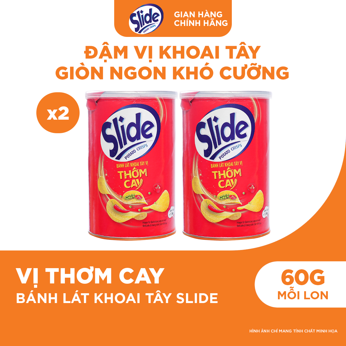 Combo 2 Lon Bánh Lát Snack Khoai Tây Slide Vị Thơm Cay 60g