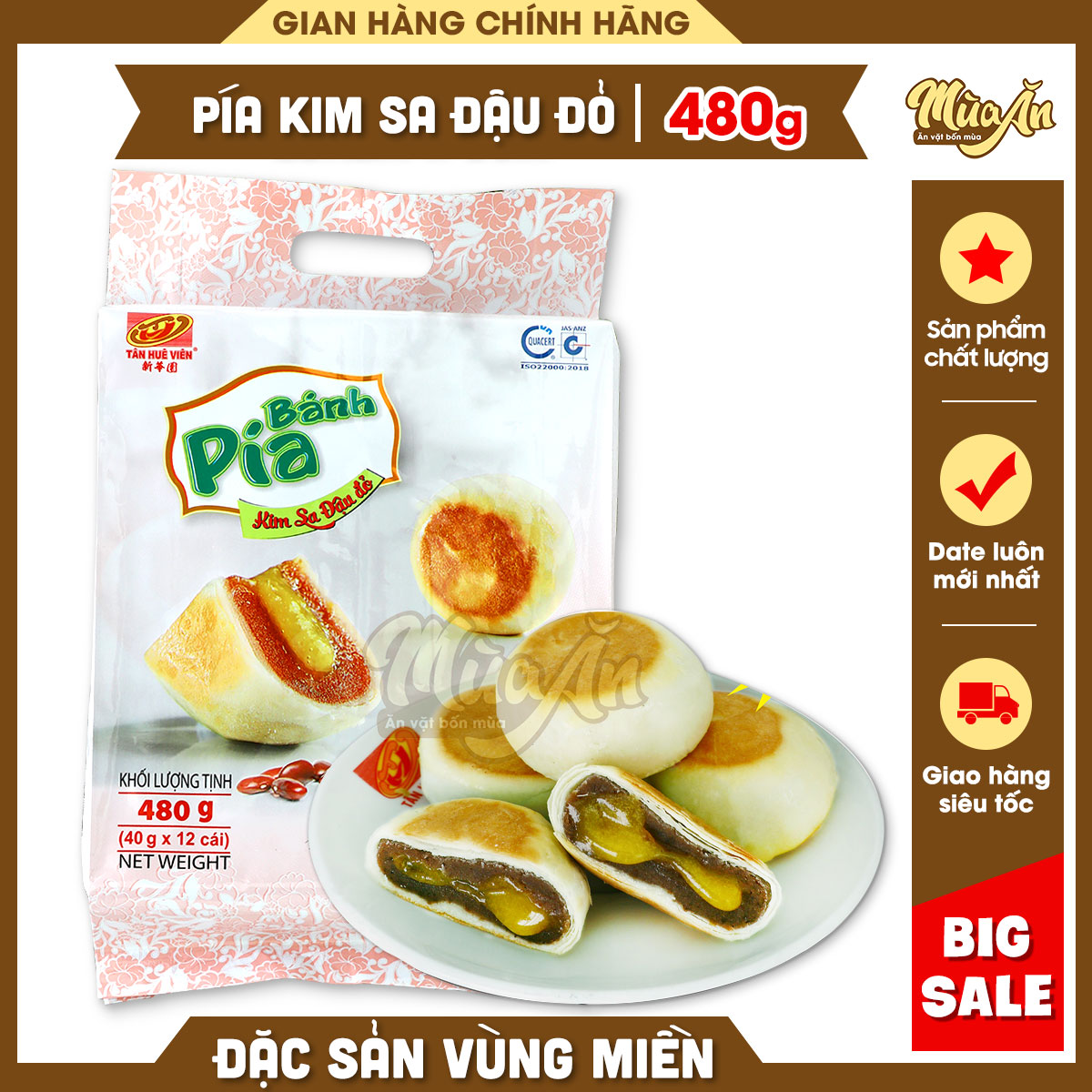 Bánh Pía Kim Sa đậu đỏ trứng tan chảy,Bánh pía đậu đỏ trứng muối tan chảy,Bánh Pía Sóc Trăng Tân Huê Viên 480g, bánh pía mini có trứng