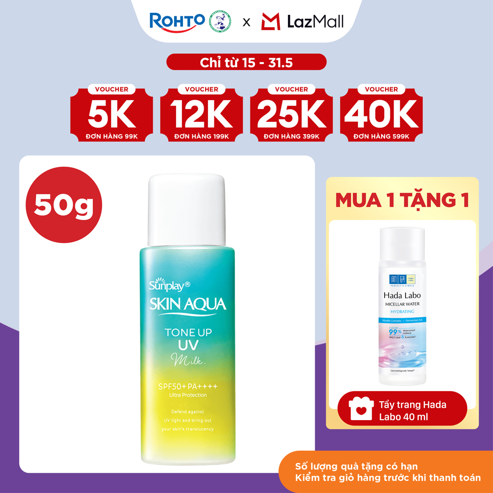 Kem chống nắng nâng tông Skin Aqua Tone up  Mint Green cho da trắng có khuyết điểm đỏ, dạng sữa Sunplay Skin Aqua Tone Up UV Milk Mint Green SPF 50+ PA++++ 50g