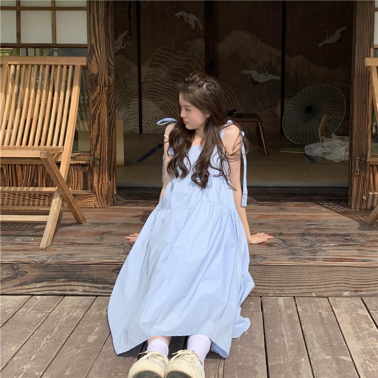 Váy Hai Dây Babydoll Buộc Nơ Vai Xòe Tầng, Đầm Maxi Chất Đũi Mềm Mát thích hợp đi biển chụp kỉ yếu
