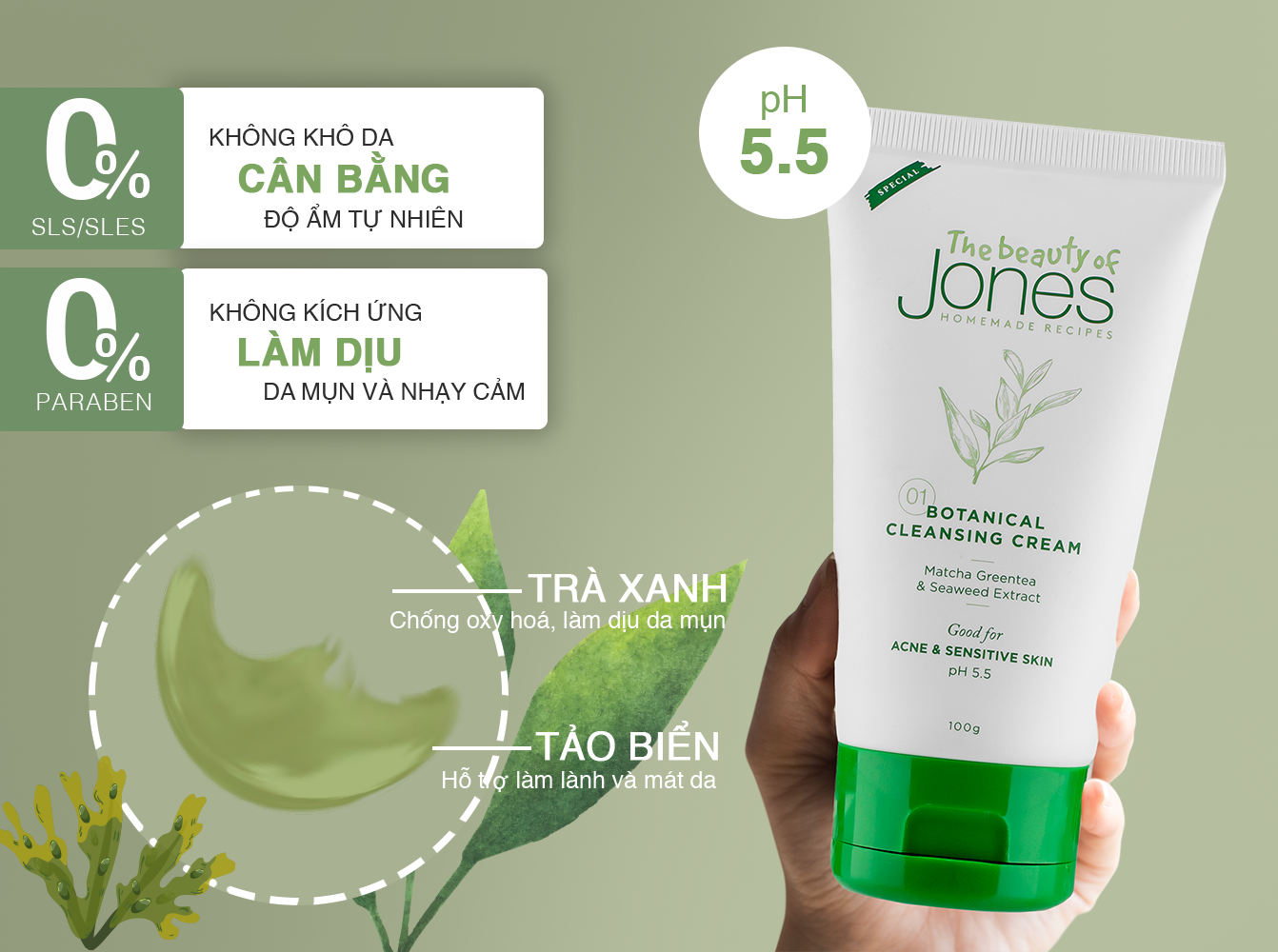 Sữa rửa mặt thiên nhiên cho da nhờn, ngừa mụn, dịu da an toàn cho bà bầu The Beauty of Jones 100ml