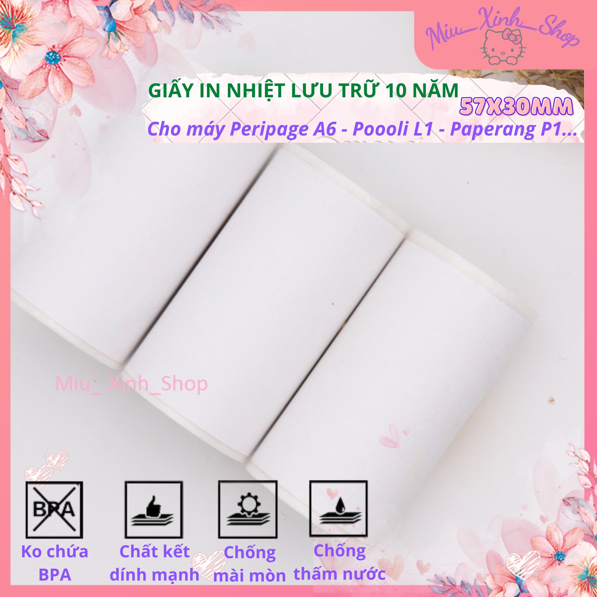 Tất cả giấy in nhiệt màu trắng ❤ KT 57x30mm ❤ cho máy in peripage A6 - A6s - Q7 - Q7 pro - A3 - A9 - A9s - A9 pro - A9 max - A9s max - A40, poooli L1, L2, L3, paperang p1, p2, p2s, P3, C1s max, máy in nhiệt hình Mèo, Gấu, Thỏ, Khỉ