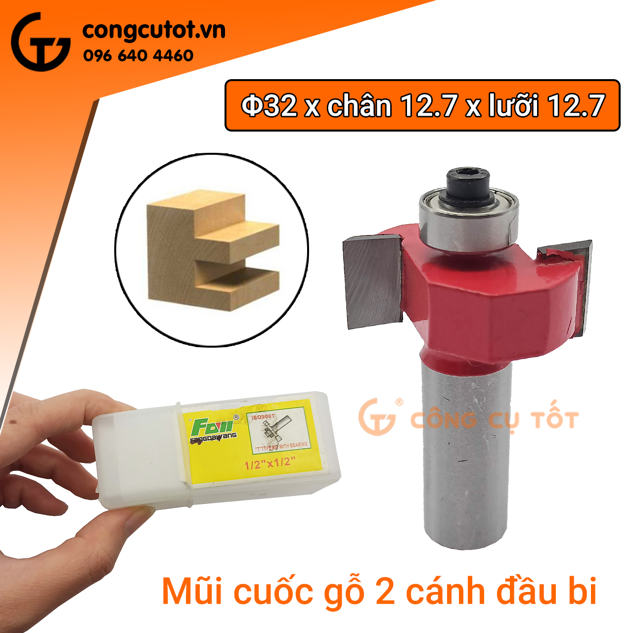 Mũi soi gỗ, mũi phay gỗ, mũi cuốc gỗ 2 cánh đầu bi chân 12.7mm