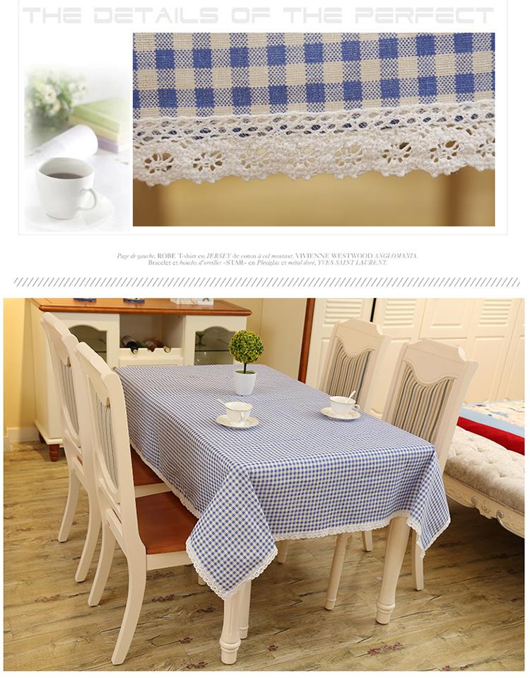 Khăn trải bàn vải canvas sọc ca rô xanh viền ren KB33