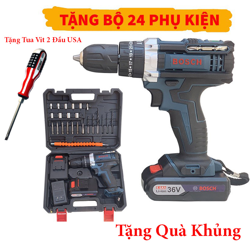 Máy Khoan Vặn Vít Dùng Pin 36V Bossch + Hộp Phụ Kiện Cao Cấp - Tặng Kèm 2 Pin