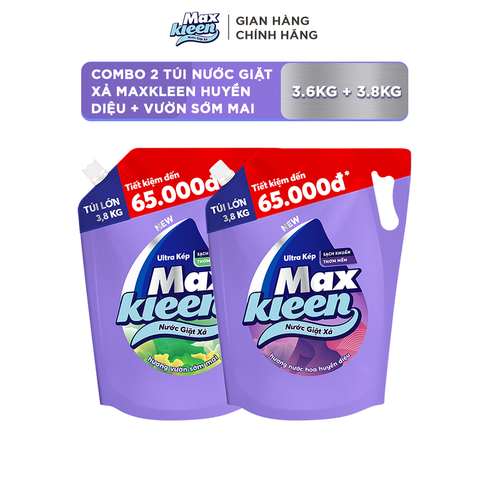  Combo Túi Nước Giặt Xả MaxKleen Hương Huyền Diệu Túi 3.8kg + Hương Vườn Sớm Mai 3.8kg 
