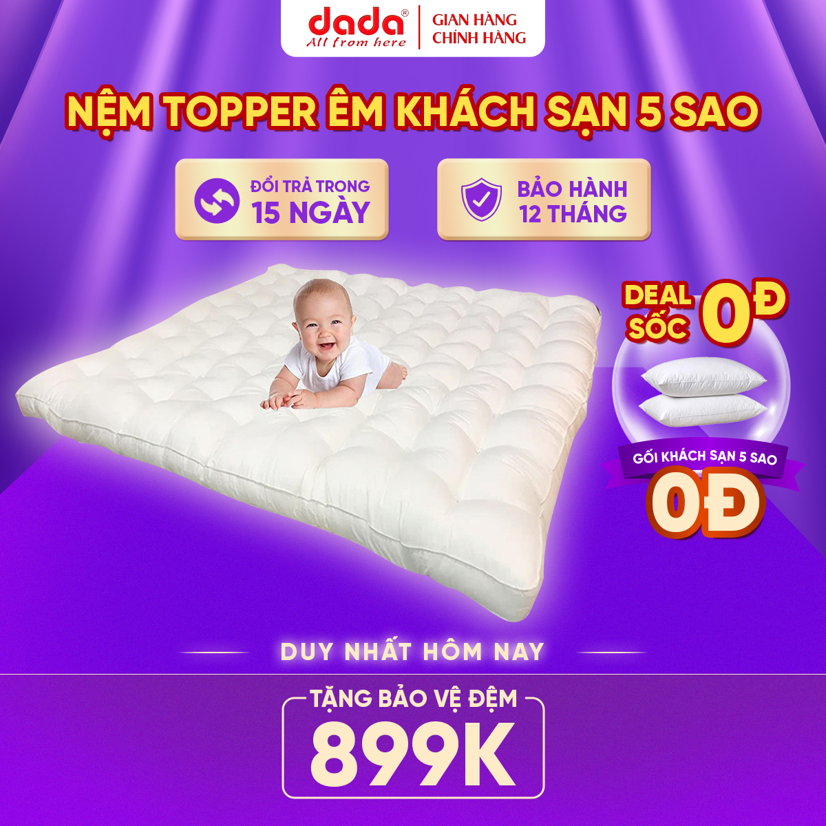 Topper nệm DADA làm mềm nệm massage cơ thể tiêu chuẩn khách sạn 5 sao đệm dày 9cm không lún xẹp
