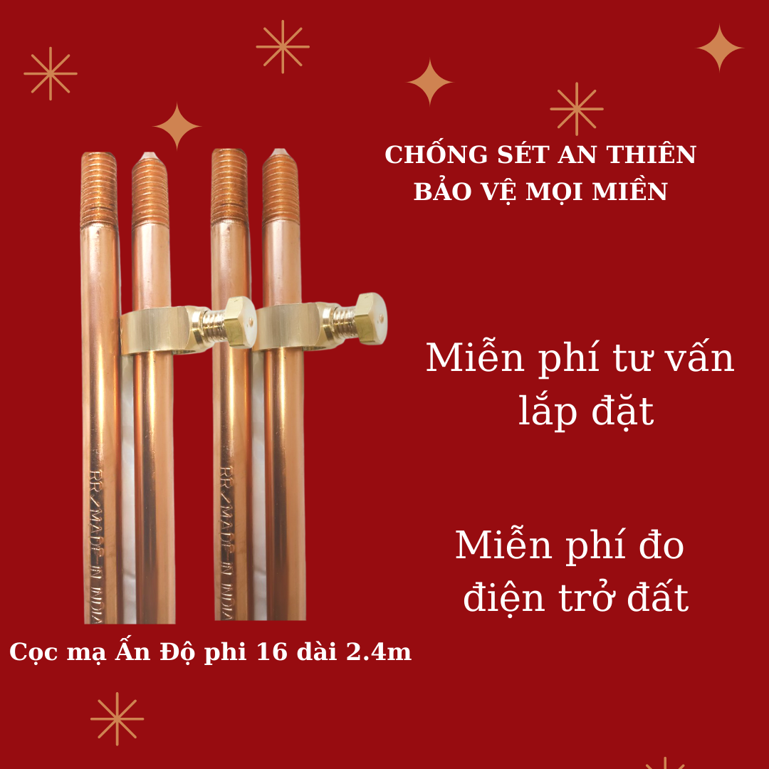Cọc tiếp địa mạ đồng Ấn Độ phi 16 dài 2,4m
