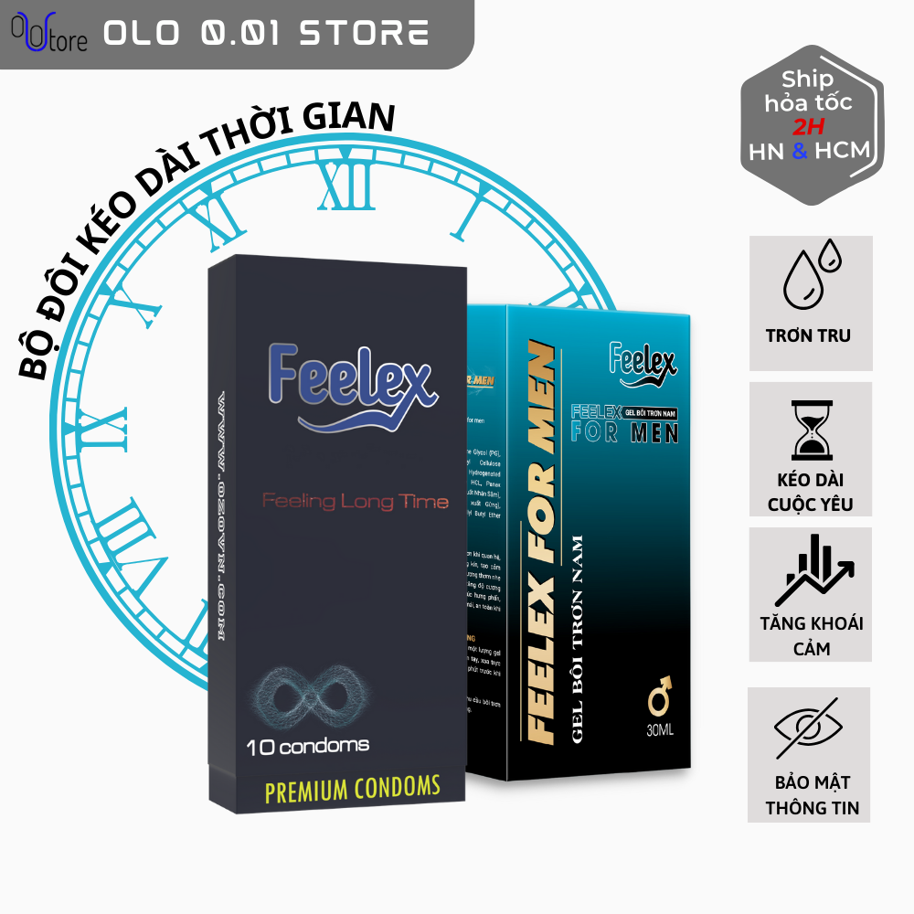 Combo gel bôi trơn, bao cao su cao cấp Feelex hỗ trợ tăng độ cương cứng, kéo dài thời gian cho nam giới