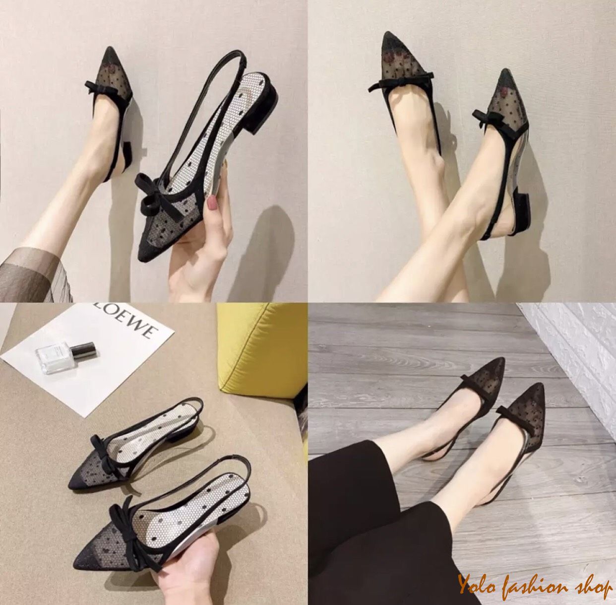 [Hoàn tiền 15%]Giày bệt búp bê nữ phối lưới chấm bi thắt nơ điệu đà nữ tính- HG5