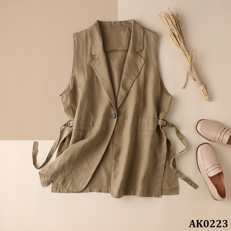 Ak0223-áo khoác vest linen cổ v nghệ thuật
