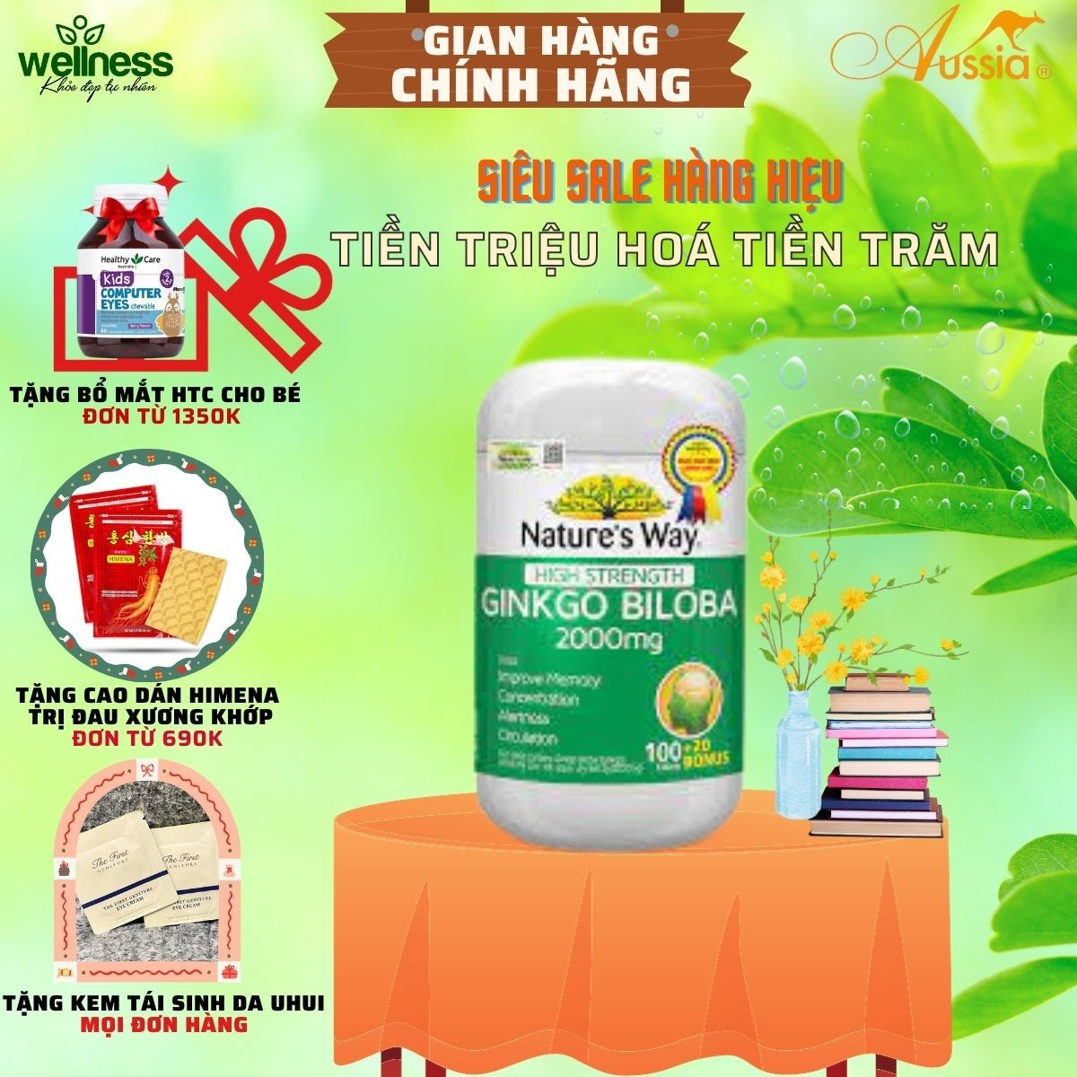 Viên Uống Tuần Hoàn Não Nature's Way High Strength Ginkgo Biloba Tăng Cường Trí Nhớ 2000mg