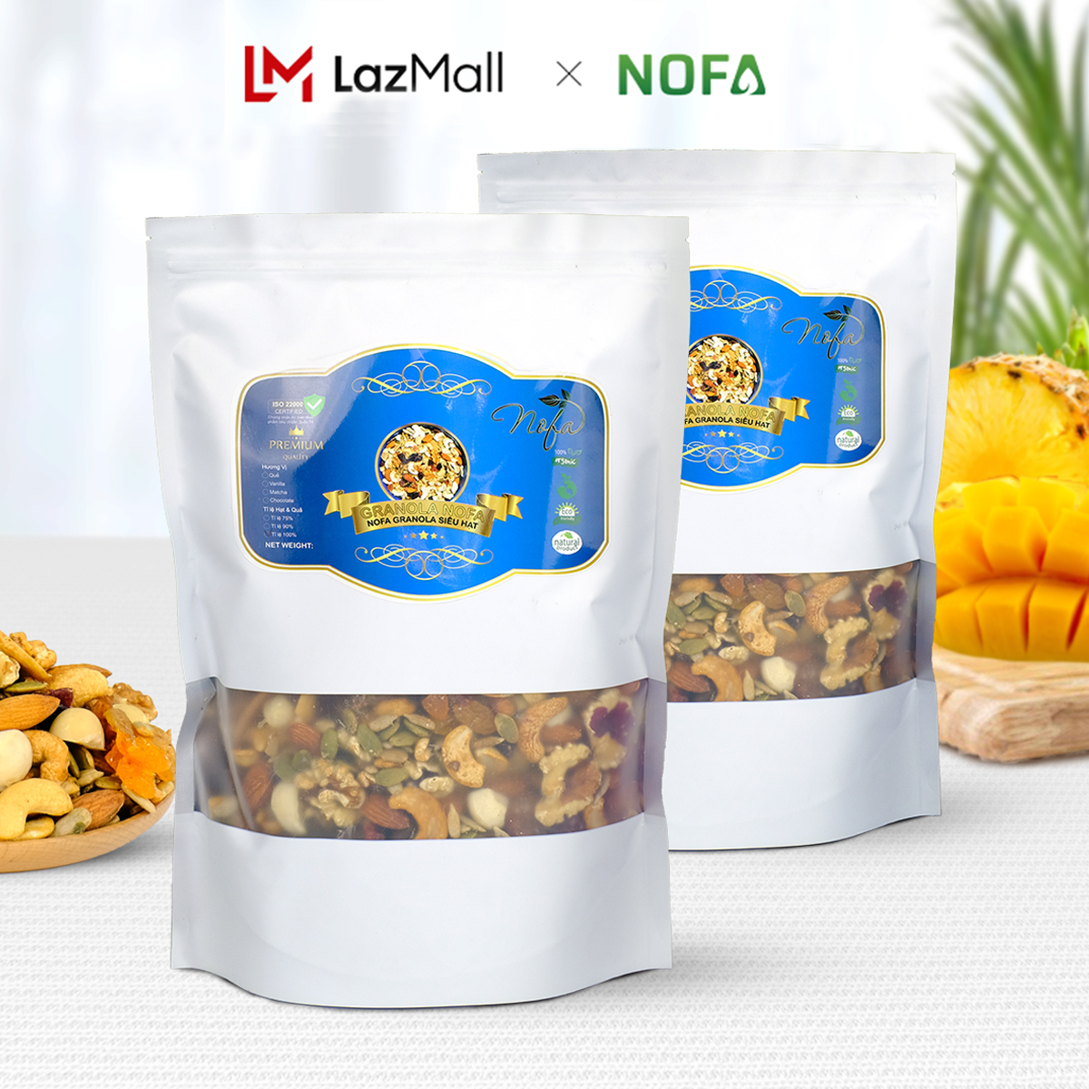 Granola ngũ cốc siêu hạt không yến mạch 100% hạt & quả NOFA nướng vị Vani mật ong, đồ ăn healthy giảm cân, ăn kiêng đẹp dáng.
