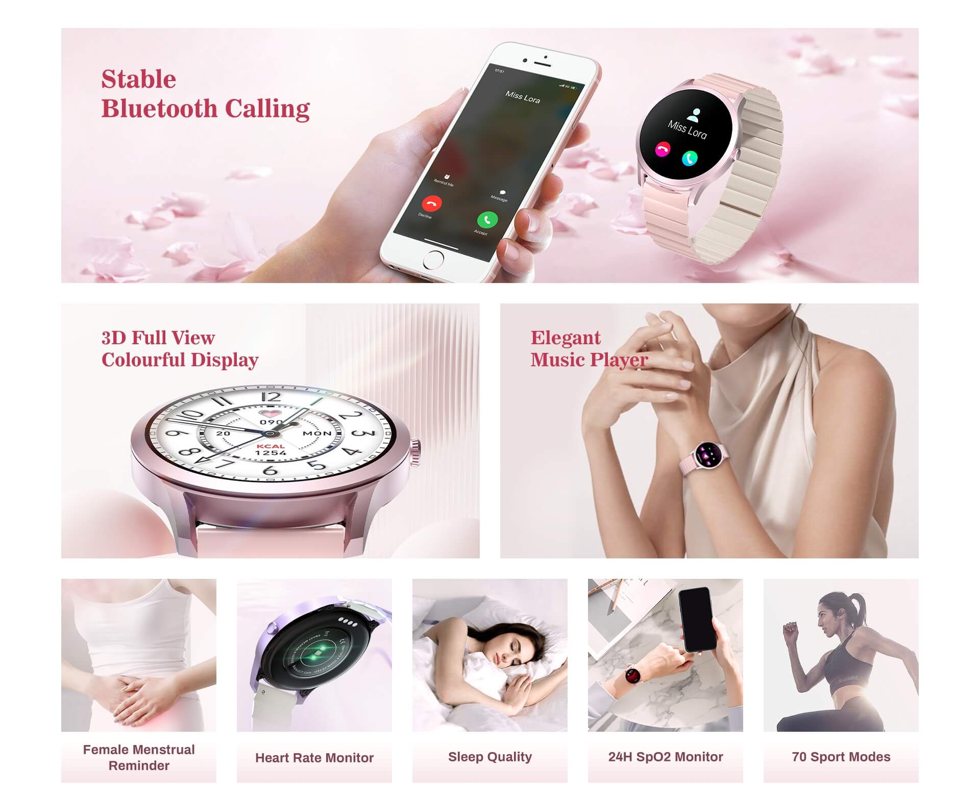 Đồng hồ thông minh nghe gọi Xiaomi Kieslect Lady Lora cho nữ - Pink