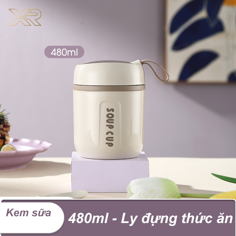 Cốc đựng canh, cháo, súp giữ nhiệt  Inox 304 co kèm túi và tặng thìa nhựa tích hợp trên nắp tiện lợi XR ZCB