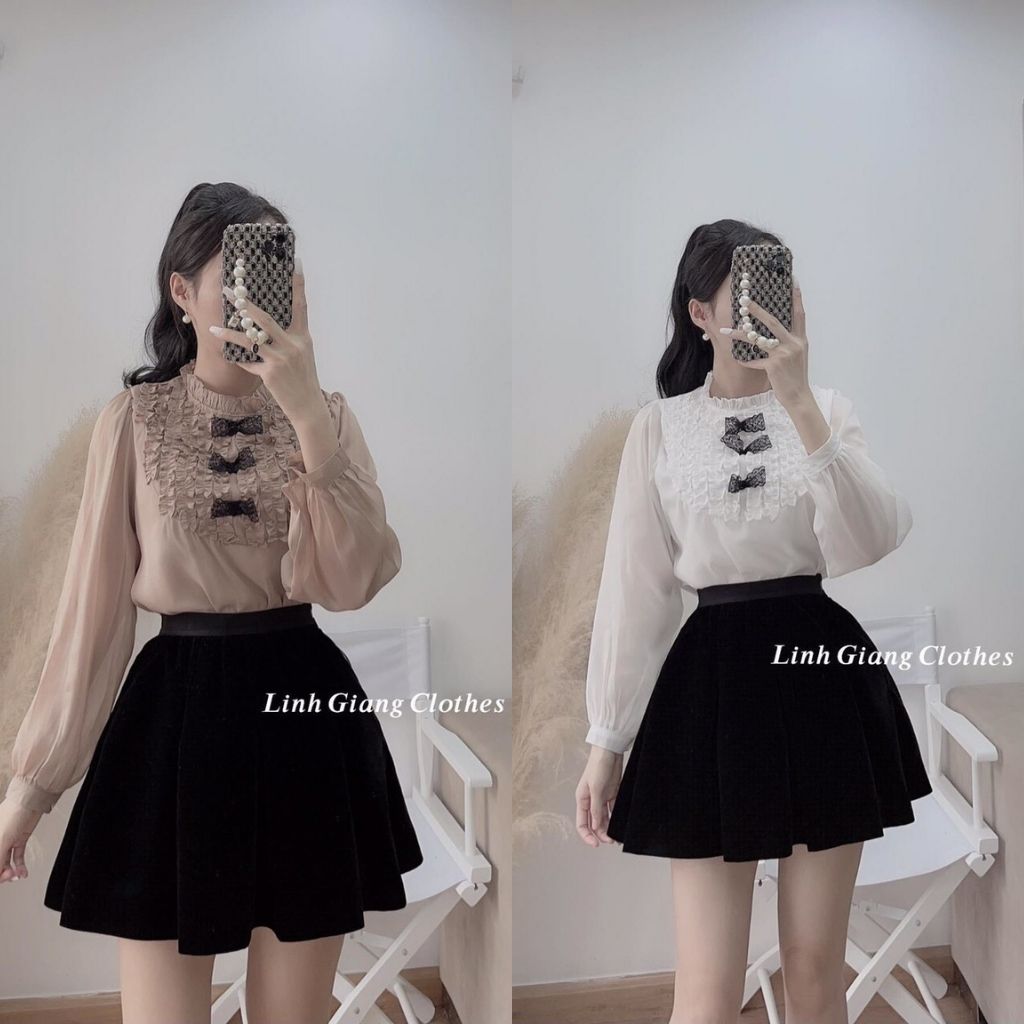 Set chân váy xếp ly kèm áo sơ mi vải lụa
