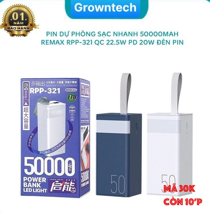 Sạc dự phòng rem,ax RPP 321 công suất 50000mAh, đèn led ban đêm siêu sáng , có móc treo tiện lợi chắ