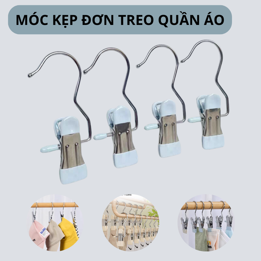 Combo 10 móc kẹp đơn treo quần áo màu ngẫu nhiên, móc kẹp đơn treo quần, áo, mũ, nón, tất, vớ