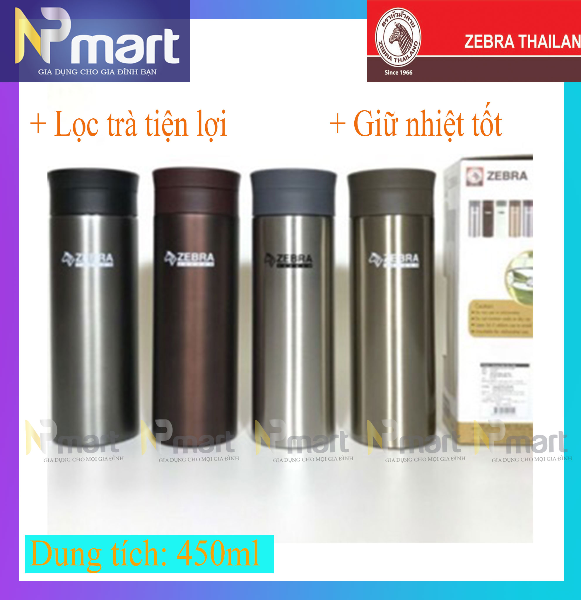 Bình giữ nhiệt có lọc trà zebra eva 450ml inox 304 cao cấp - 112915