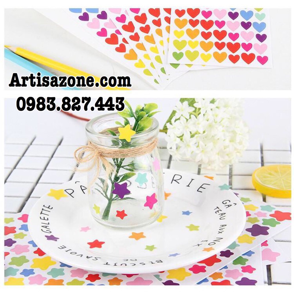 Sticker tim, sao hình dán trang trí đồ handmade - Bộ 06 tờ