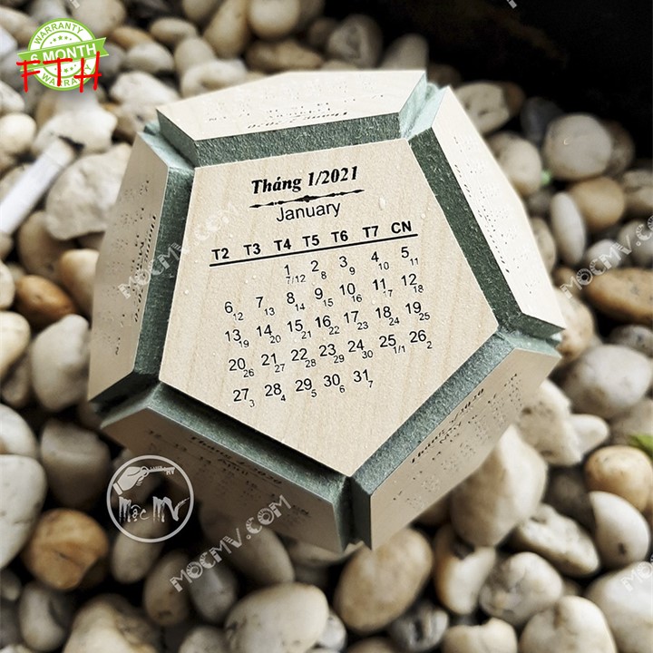 Lịch gỗ để bàn 2021 ngũ giác MDF phủ melamin chống ẩm kèm hộp sang trọng